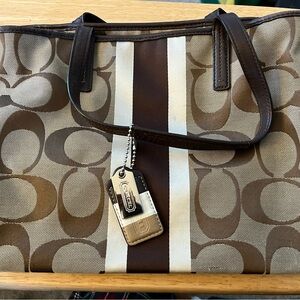Coach Tan and Brown Signature Shoulder Handbag